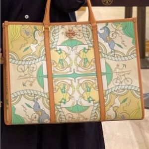 Tory Burch Equestrian Print Tote in Green and Tan